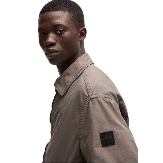 Men's Boss Ocrush Solid Patterned Side Pocket Overshirt in Open Beige - Image 2