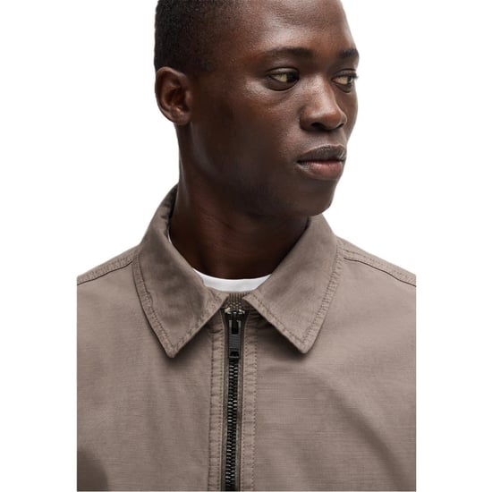 Men's Boss Ocrush Solid Patterned Side Pocket Overshirt in Open Beige - Image 3