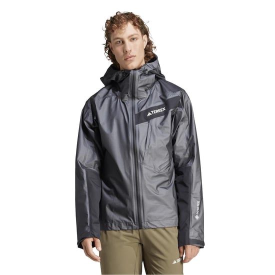 Men's adidas Gore Act Hooded Neck Full Zipper Geometric Patterned Rain Jacket in Carbon - Image 2