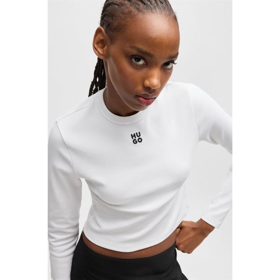 Women's Hugo Cropped Slim Fit Long Sleeve T-Shirt in White - Image 4