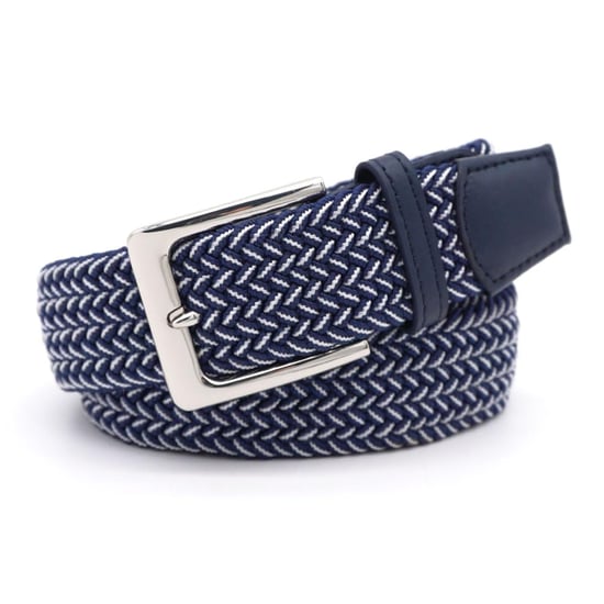 Woven Stretchy Belt - Braided Elastic Waist Belt for Men & Women in White/Navy - Image 2