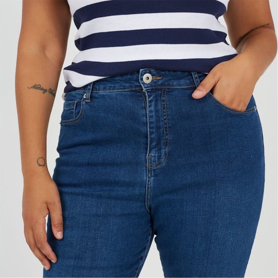 Women's Brave Soul Plus Size High Waisted Flared Jeans in Mid Blue - Image 2