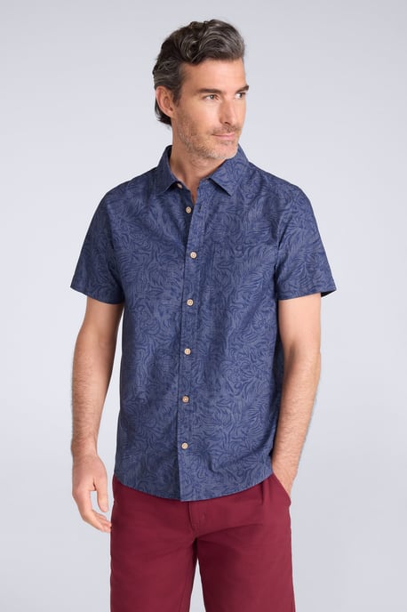 Tropical Printed Men's Short Sleeve Shirt 100% Cotton Chest Pocket Holiday Top Pale Blue - Image 1