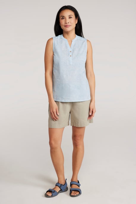 'Petra' Women's Sleeveless Shirt Cotton Button Neck Summer Top White - Image 3