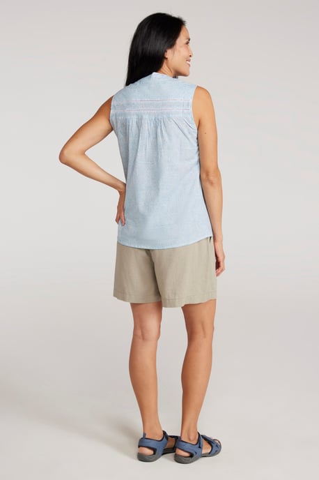 'Petra' Women's Sleeveless Shirt Cotton Button Neck Summer Top White - Image 4