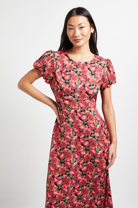 Petite Red Floral Tie Back Detail Puff Sleeve Midi Dress - Image 2