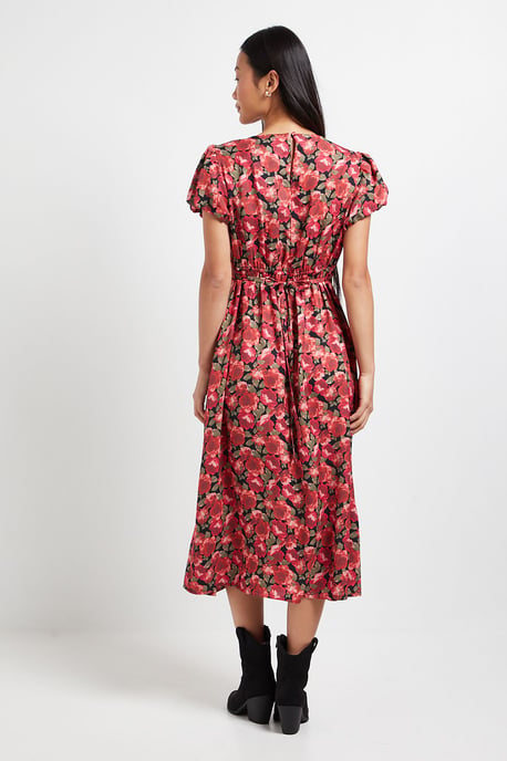Petite Red Floral Tie Back Detail Puff Sleeve Midi Dress - Image 3