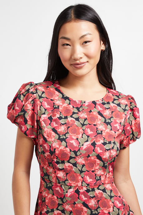 Petite Red Floral Tie Back Detail Puff Sleeve Midi Dress - Image 4