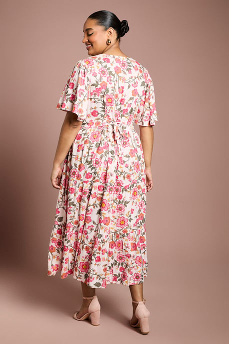 Curve Lace Trim Button Detail Angel Sleeve Printed Midi Dress - Image 3