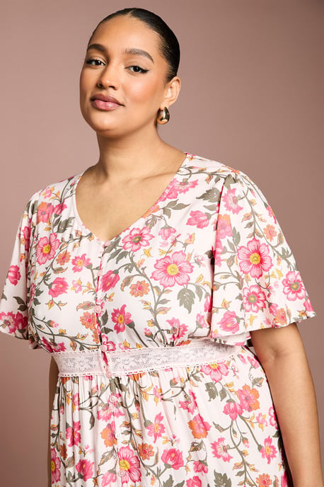 Curve Lace Trim Button Detail Angel Sleeve Printed Midi Dress - Image 4