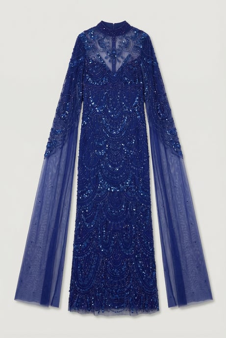 Premium Beaded Embellished Woven Midaxi Cape Dress - Image 1