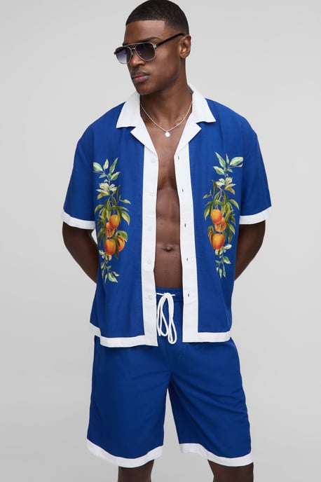 Oversized Orange Graphic Linen Blend Shirt & Relaxed Short Set - Image 1