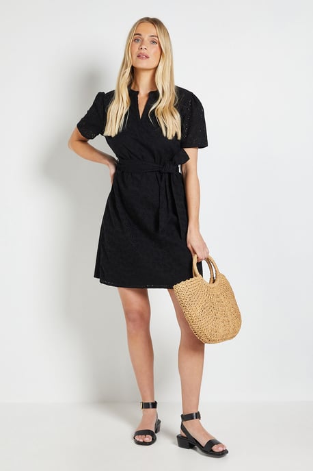 Petite Broderie Collarless Belted Shift Dress - Image 1