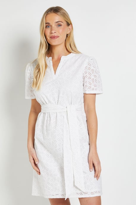 Petite Broderie Collarless Belted Shift Dress - Image 1