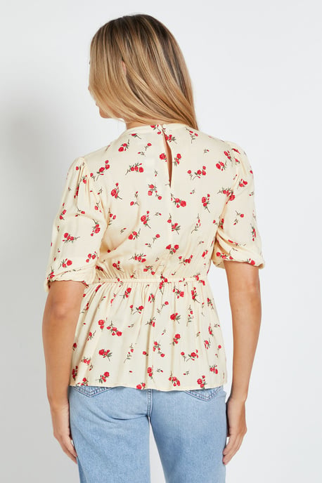 Yellow Ditsy High Neck Shirred Bodice Top - Image 3