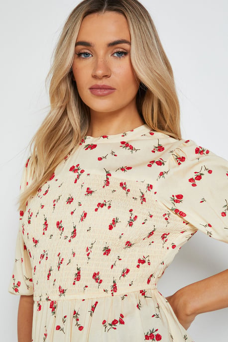 Yellow Ditsy High Neck Shirred Bodice Top - Image 4