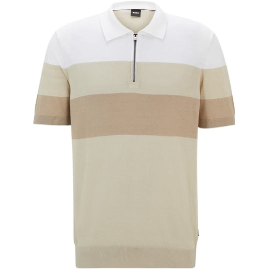 Men's Boss Zip Neck Collared Short Sleeve Shirt in Light Beige 271 - Image 1