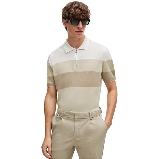 Men's Boss Zip Neck Collared Short Sleeve Shirt in Light Beige 271 - Image 2