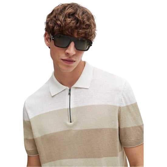 Men's Boss Zip Neck Collared Short Sleeve Shirt in Light Beige 271 - Image 4