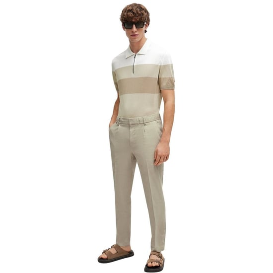 Men's Boss Zip Neck Collared Short Sleeve Shirt in Light Beige 271 - Image 5