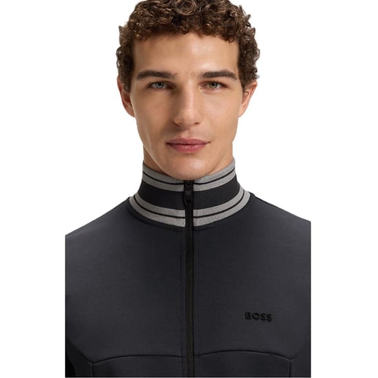 Men's Boss Mock Neck Bomber Collar Long Sleeve Sweatshirt in Dark Blue - Image 3