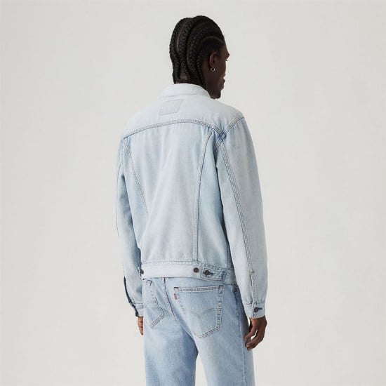 Men's Levis Light Wash Trucker Denim Jacket with Chest Pocket in Build A House - Image 3