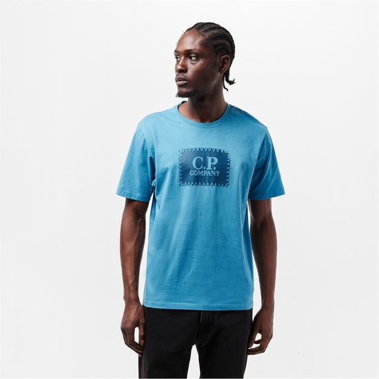 Men's C.P. Company Block Logo Regular Fit T Shirt in Aegean Blue 815 - Image 3