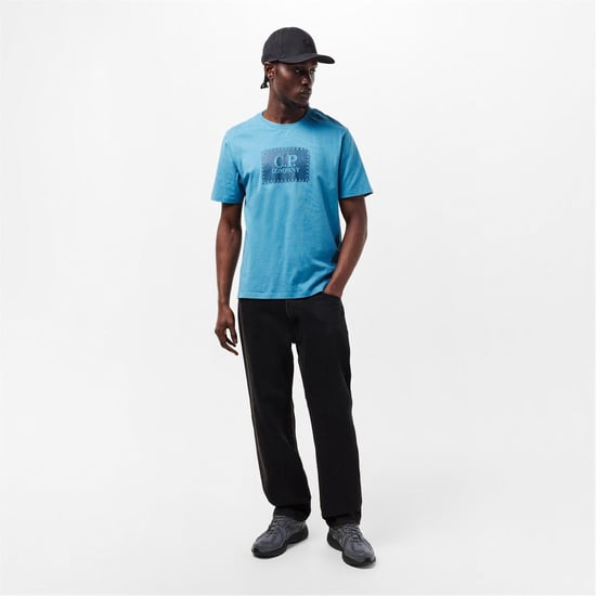 Men's C.P. Company Block Logo Regular Fit T Shirt in Aegean Blue 815 - Image 6