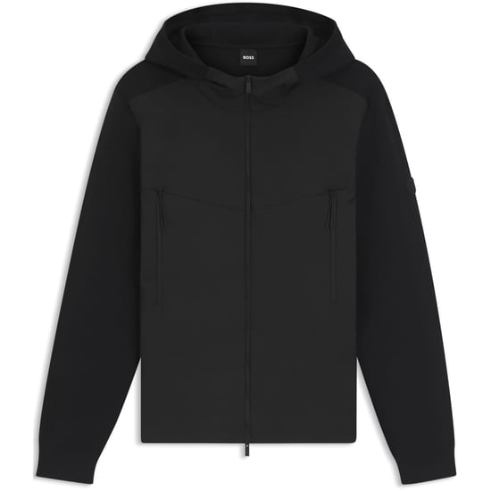 Men's Boss Solid Patterned Hooded Ribbed Cuff Rain Jacket with Logo Badge in Black - Image 1