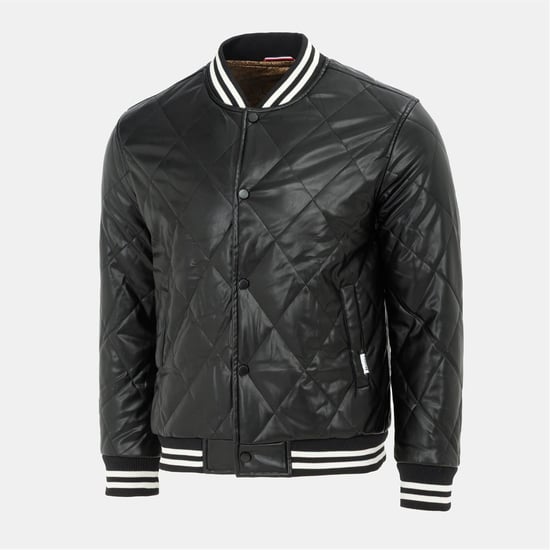 Men's Firetrap Solid Patterned Snap Button Ribbed Cuff Bomber Jacket in Black - Image 3