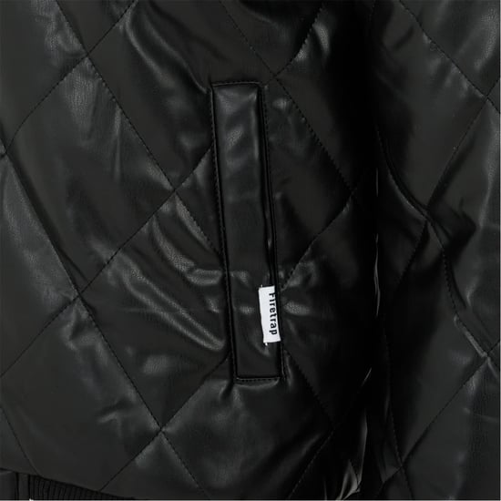 Men's Firetrap Solid Patterned Snap Button Ribbed Cuff Bomber Jacket in Black - Image 4