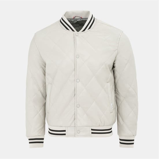 Men's Firetrap Solid Patterned Snap Button Ribbed Cuff Bomber Jacket in White - Image 1