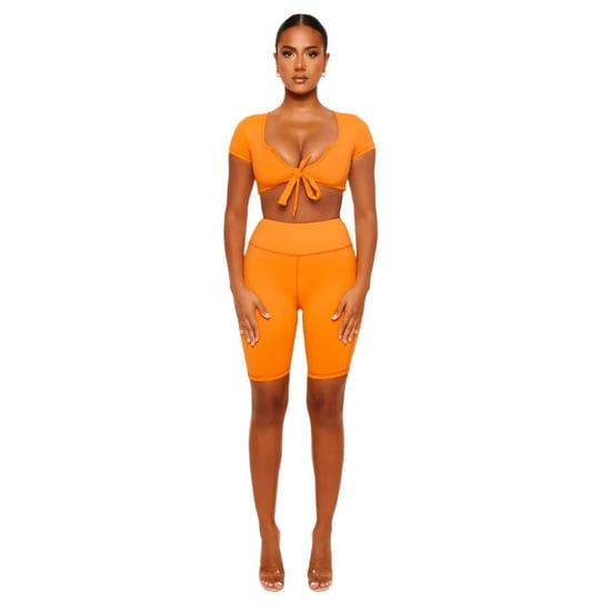 Women's Honeyz Tie Neck Snug Fit Cropped T-Shirt in Orange - Image 1