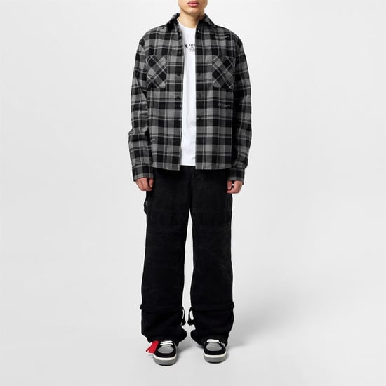 Men's Off White Check Shirt in Black Grey - Image 4