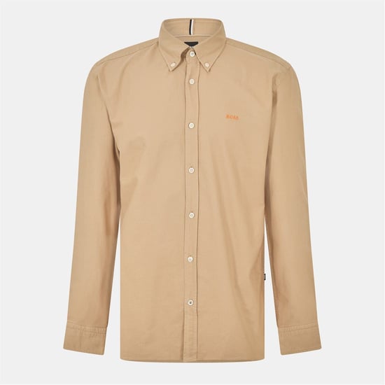Men's Boss Embroidered Collared Neck Button Down Long Sleeve Shirt in Light Beige - Image 1