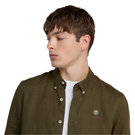 Men's Timberland Mill Brook Linen Leaf Green Long Sleeve Plain Shirt in Leaf Green - Image 4