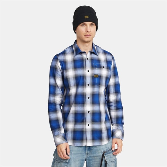 Men's G Star Logo Badge Collared Neck Long Sleeve Shirt in Deep Blue - Image 3