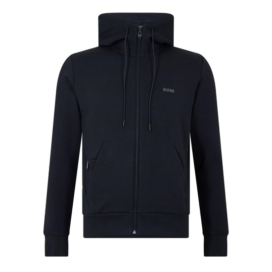 Men's Boss Saggy Solid Patterned Hooded Drawstring Ribbed Cuff Sweat Jacket in Black - Image 1
