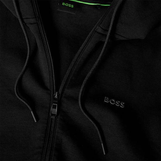 Men's Boss Saggy Solid Patterned Hooded Drawstring Ribbed Cuff Sweat Jacket in Black - Image 3