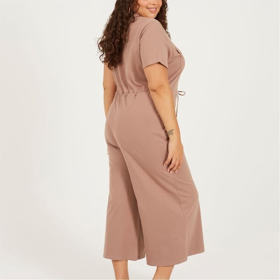 Women's Brave Soul Crew Neck Short Sleeve Solid Patterned Culotte Jumpsuit in Mushroom - Image 2