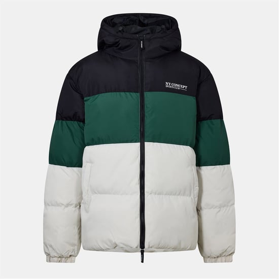 Men's NY Concept Hooded Color Block Patterned Puffer Jacket with Zipped Pocket in Multi - Image 1