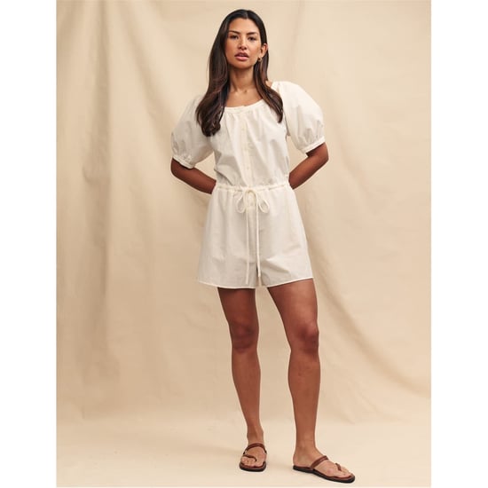 Women's Nobodys Child Drawstring Short Puff Sleeve Solid Patterned Playsuit in White - Image 1