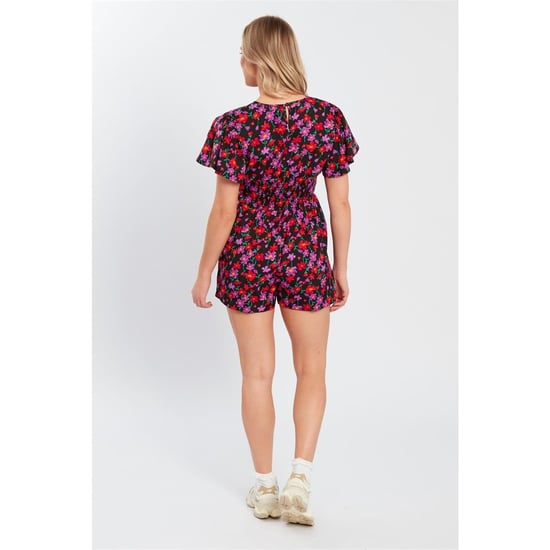 Women's Influence V-Neck Floral Short Sleeve Playsuit in Black - Image 2