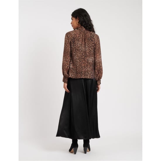Women's Nobodys Child Tie Neck Relaxed Fit Long Sleeve Blouse in Brown - Image 4