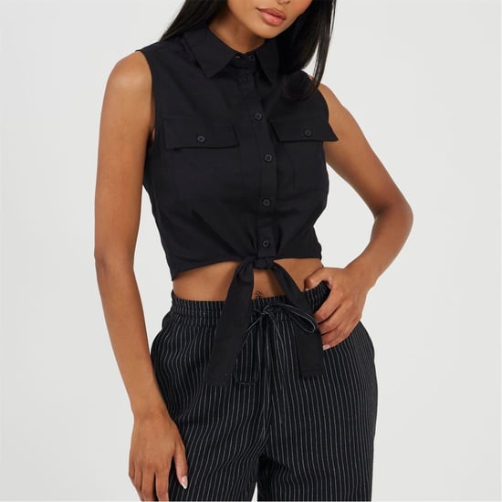 Women's Brave Soul Sleeveless Collared Top With Tie Detail in Black - Image 1