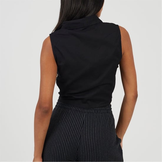 Women's Brave Soul Sleeveless Collared Top With Tie Detail in Black - Image 2
