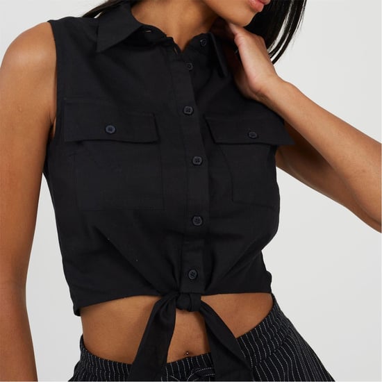 Women's Brave Soul Sleeveless Collared Top With Tie Detail in Black - Image 3