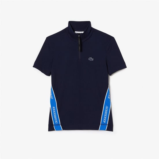 Women's Lacoste Ribbed Collar Zip Neck Short Sleeve Polo Shirt in Navy Blue - Image 1