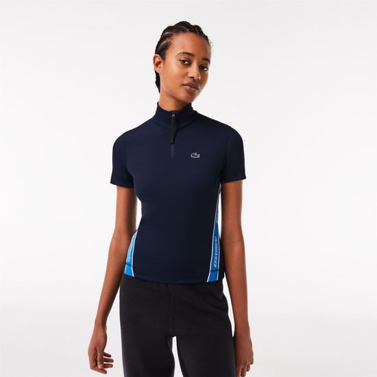 Women's Lacoste Ribbed Collar Zip Neck Short Sleeve Polo Shirt in Navy Blue - Image 2