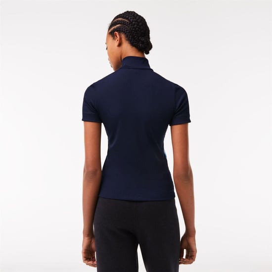 Women's Lacoste Ribbed Collar Zip Neck Short Sleeve Polo Shirt in Navy Blue - Image 4